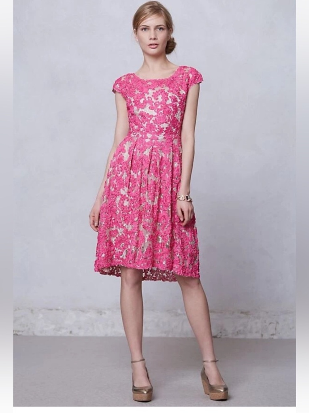 Yoana Baraschi Pink Lace Fit-and-Flare Wedding Guest Dress Anthropologie 0